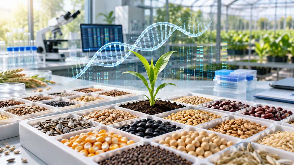 Assorted seeds in laboratory trays beside a green seedling, with a DNA helix representing genomic mapping and crop research.