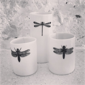 Small Porcealin Bud Vases with Decal Detail by Bridget Hemmings
