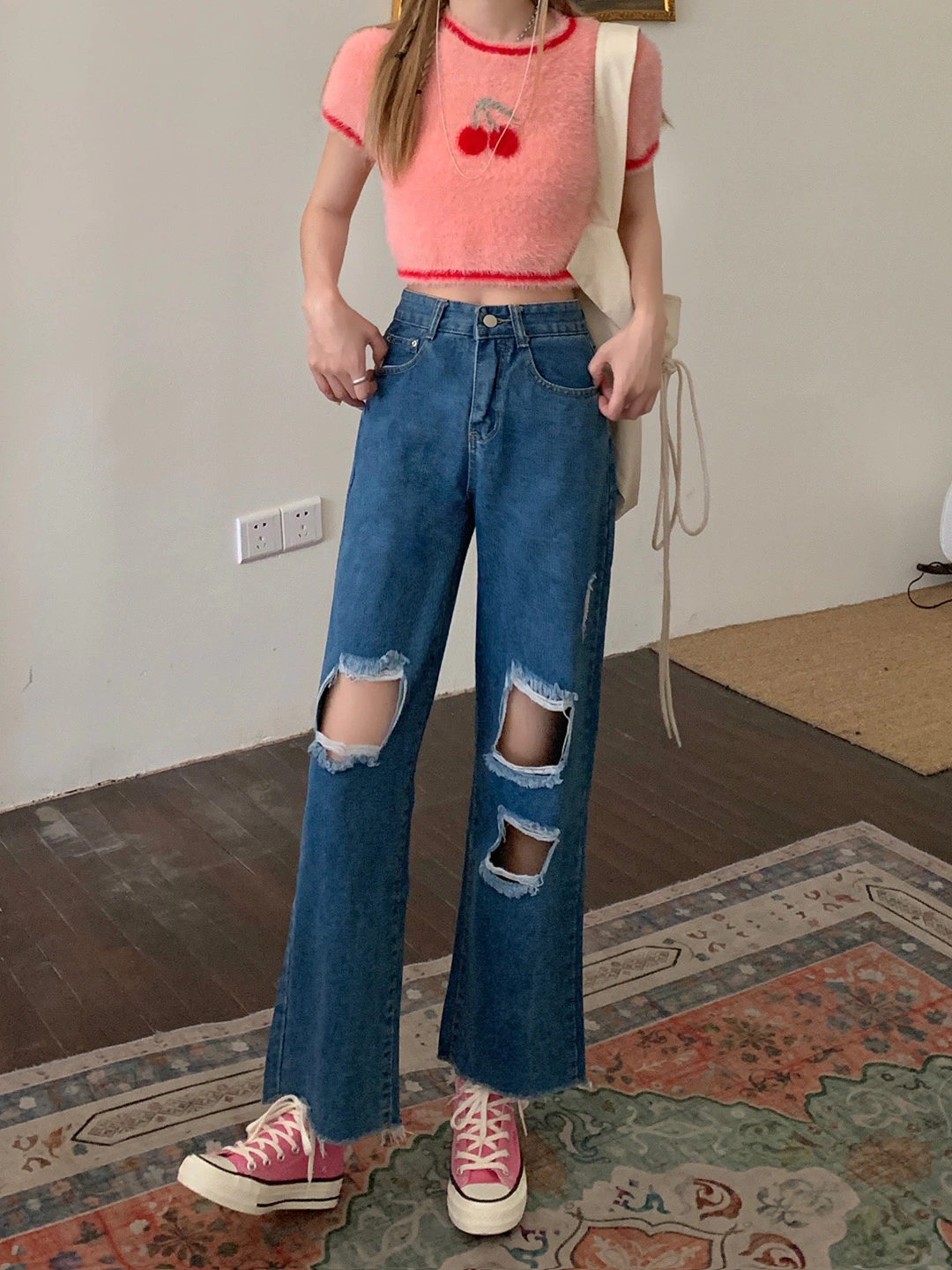 Navy Blue Cotton Wide Leg Highly Distressed Jeans