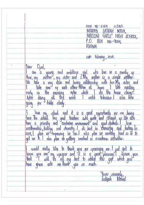 A thank you letter written by Latifa Njeri Morrid Letter to Sun Vixen Swimwear for sponsoring her to go to school