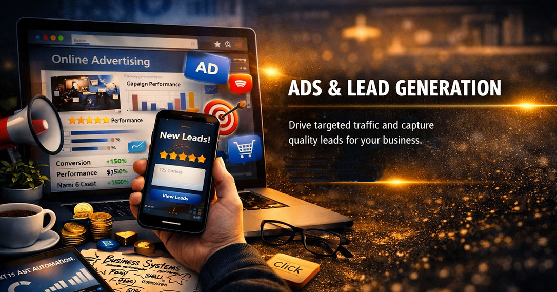 Lead generation dashboard showing ads, landing pages, conversions, and follow‑up systems.