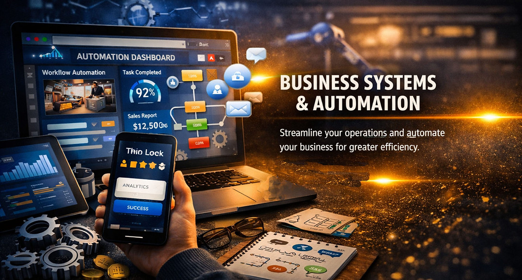 Business systems dashboard showing automation, CRM pipelines, job management, and reporting.