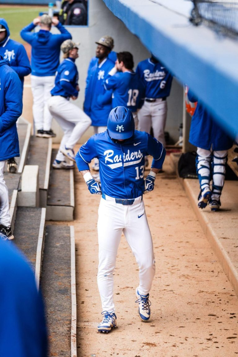 Outfielder Brett Rogers prepares to hit against FDU at Reese Smith Jr. Field on 2-22-25. Photo by Myles Valrie