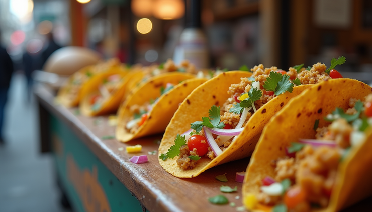 Eye-level view of a street food stall serving fusion Indian tacos with vibrant toppings