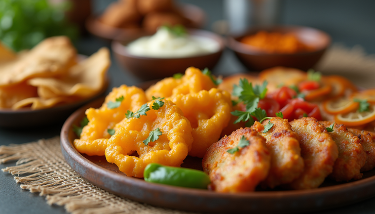 Close-up view of a fusion street food platter featuring Indian and international snacks