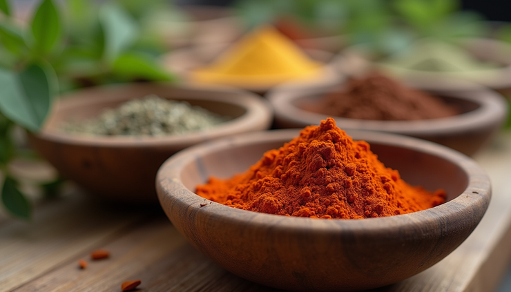 Eye-level view of colourful assortment of natural spices and herbs in bowls