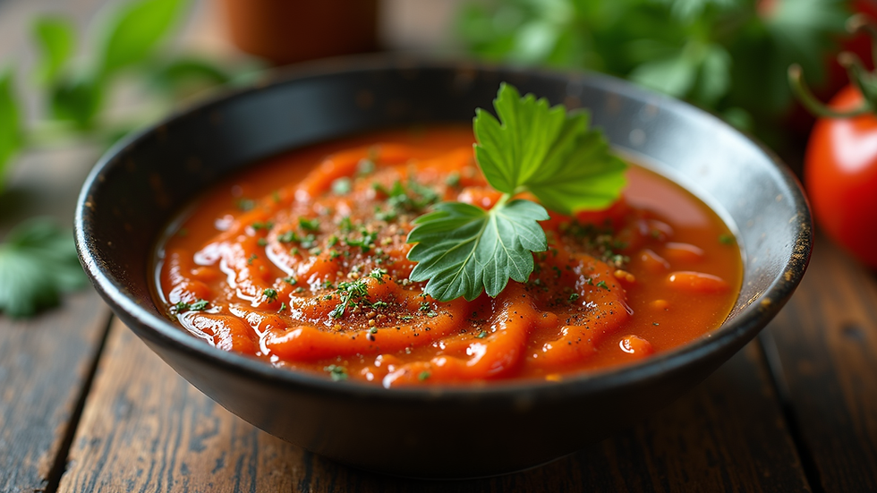 Close-up view of a vibrant marinade in a bowl with fresh herbs and spices