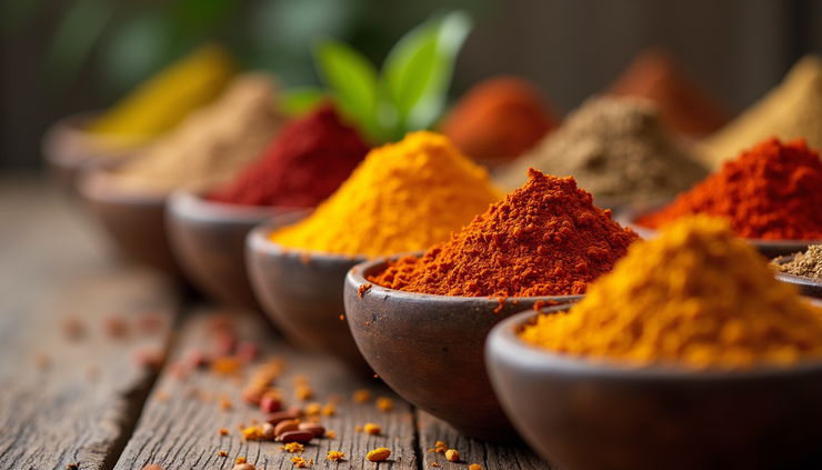 Close-up view of assorted Indian spices in bowls
