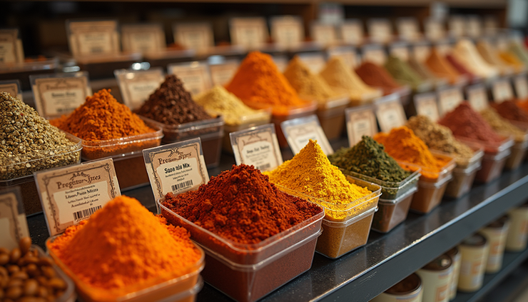 High angle view of packaged Indian spice mixes on store shelves