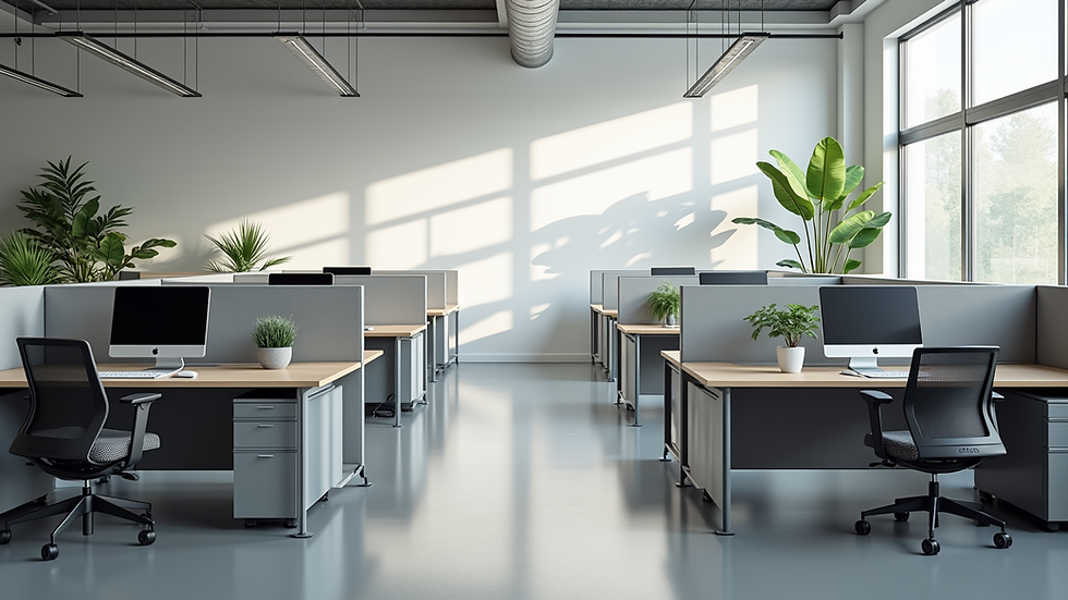 Eye-level view of a modern used office cubicle setup