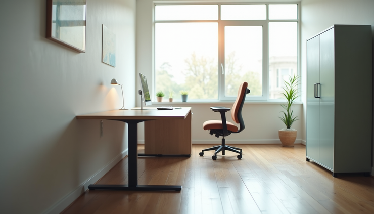 Eye-level view of a modern used office desk with ergonomic chair and storage cabinet