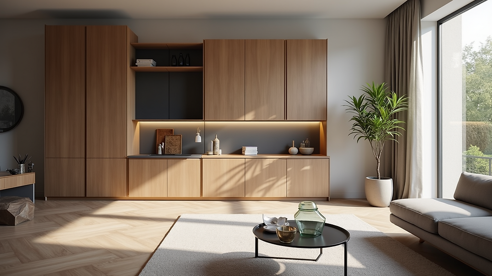 Eye-level view of modern cabinets in a stylish living room