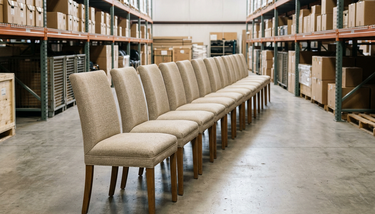 Eye-level view of neatly arranged upholstered chairs in a warehouse row.