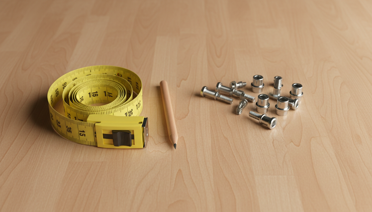 Top-down view of a tape measure beside furniture hardware on a clean surface.