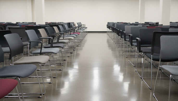 Wide-angle view of used visitor chairs lined up in a furniture showroom.