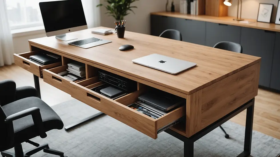 Eye-level view of a modern multi-functional table with built-in storage solutions
