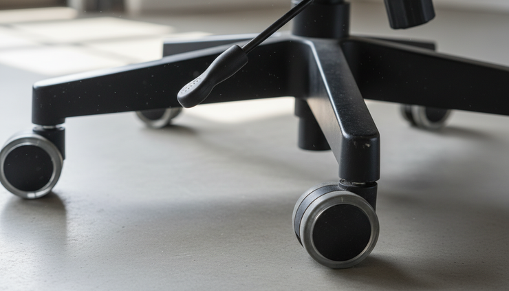 Close-up view of a chair adjustment lever and caster wheel