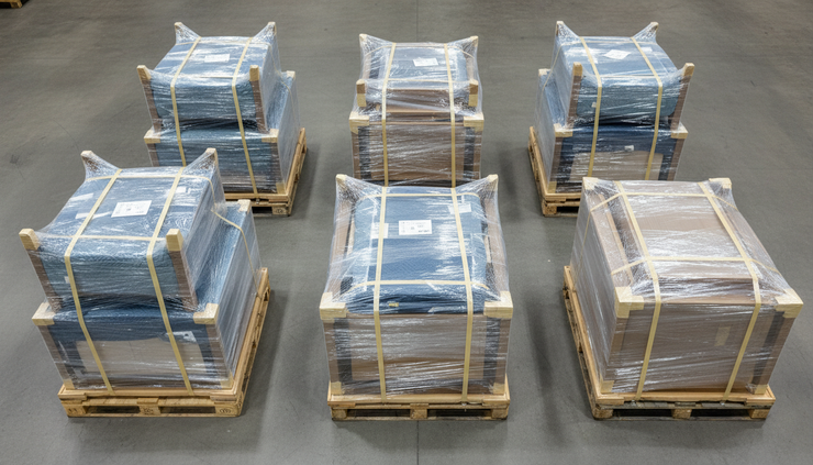 Overhead view of wrapped furniture components prepared for delivery on pallets