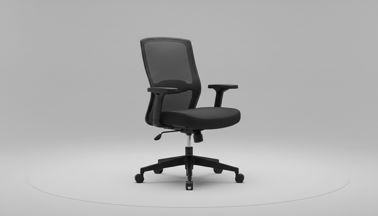 Eye-level view of a clean ergonomic chair in a neutral studio space.