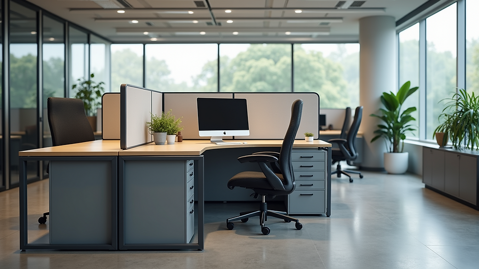 Eye-level view of a modern used cubicle setup with sleek design