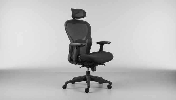 Eye-level view of a gently used ergonomic chair on a neutral studio floor