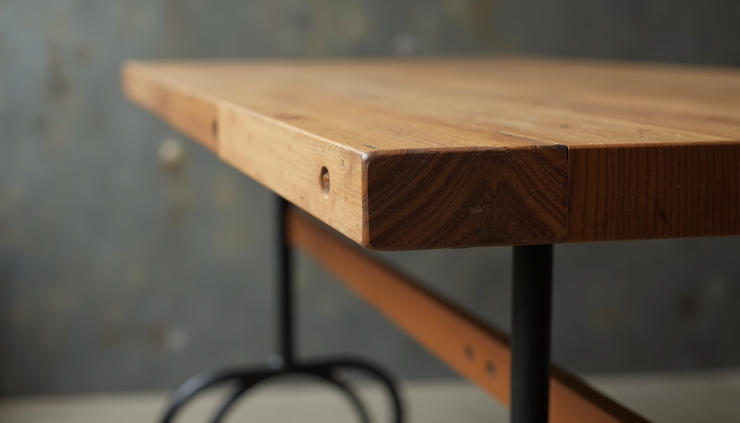Close-up view of a refurbished wooden desk with a polished surface and metal legs
