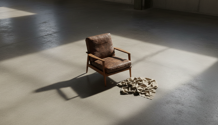 High-angle view of a clean lounge chair being inspected in a furniture warehouse