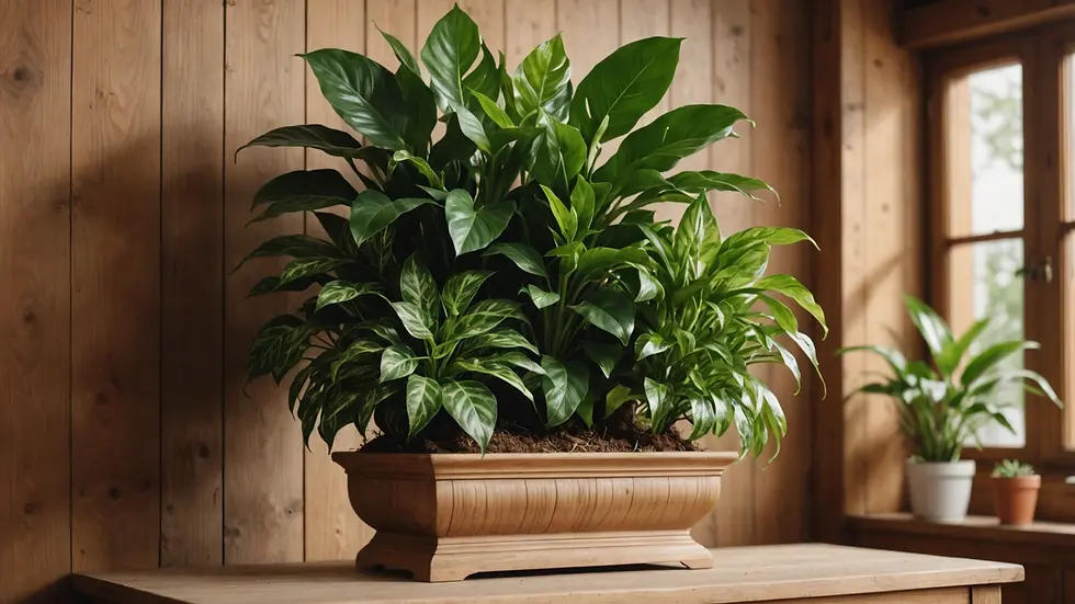 Close-up view of an elaborate indoor plant arrangement near a used wooden shelf