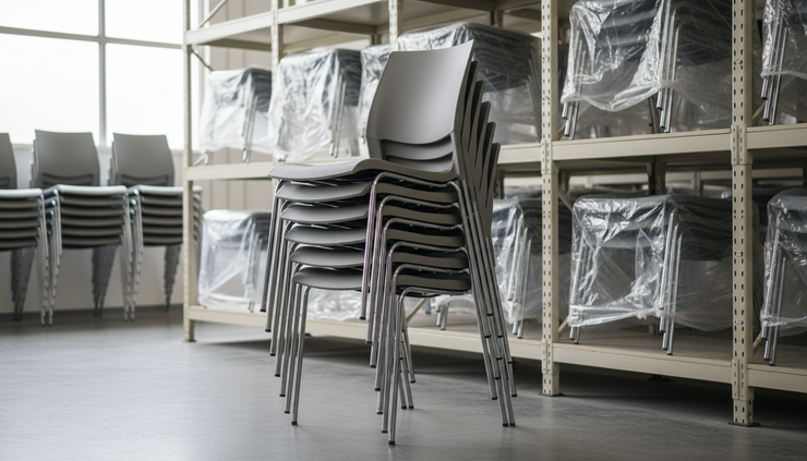 Eye-level view of stacked visitor chairs in a furniture storage area.
