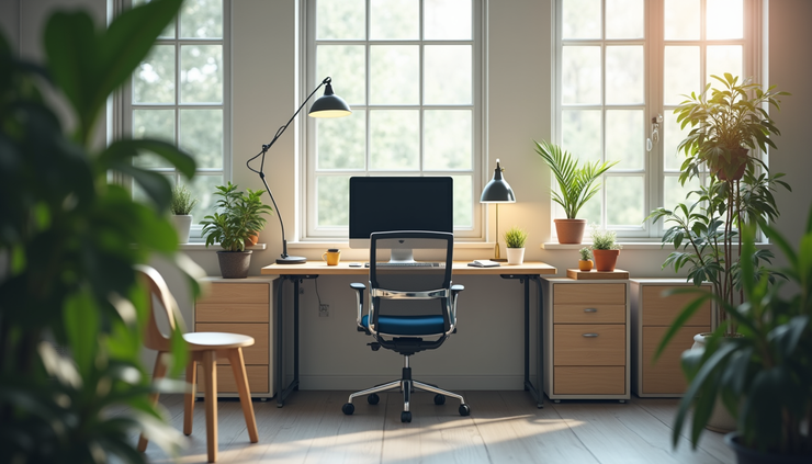 Eye-level view of a 6x6 office cubicle with organized workspace and natural light