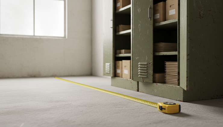 Eye-level view of a tape measure beside a tall storage cabinet