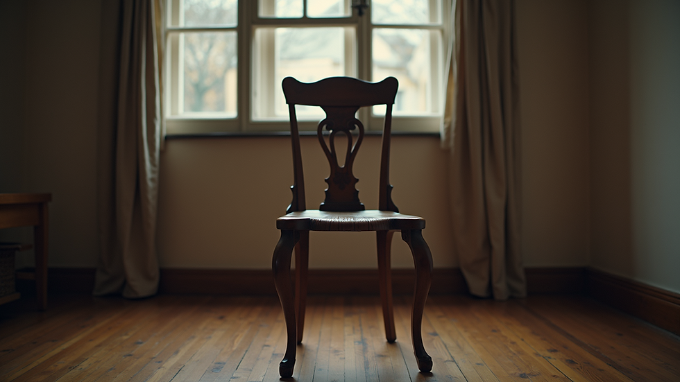 Eye-level view of a vintage wooden chair with intricate design