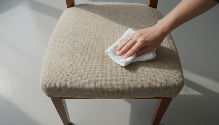 Overhead view of a used chair seat being cleaned with a soft cloth.