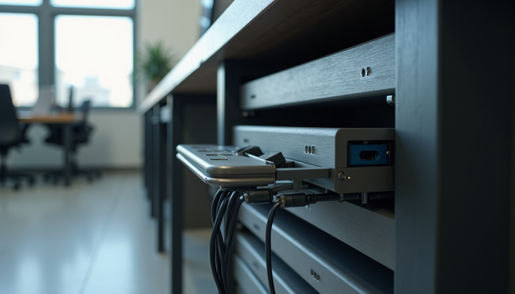Close-up view of a refurbished used workstation with cable management and storage drawers