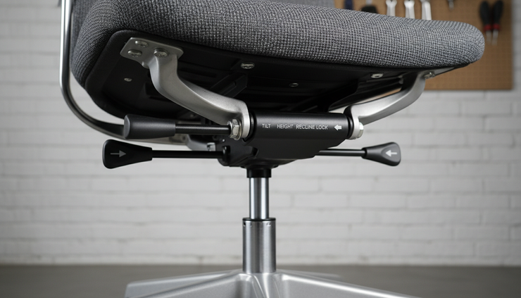 Close-up view of chair adjustment levers and a clean seat mechanism