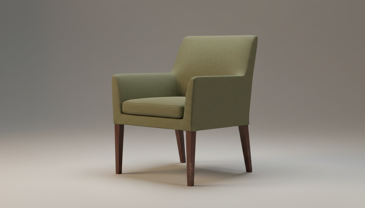 Three-quarter view of a used upholstered side chair on a plain backdrop.