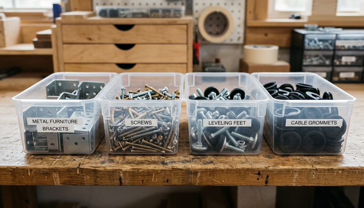 Eye-level view of metal furniture hardware sorted in storage bins