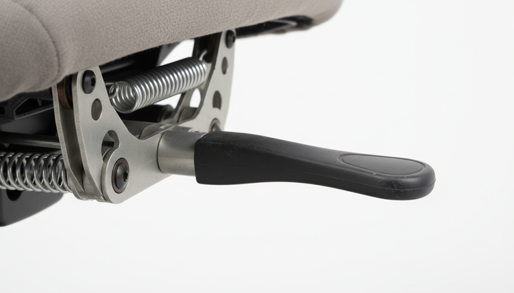 Close-up view of a used chair adjustment lever under the seat.