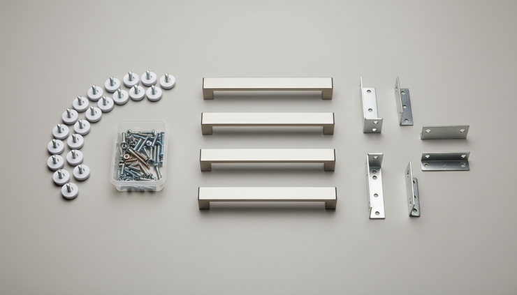 Overhead view of furniture hardware, leveling glides, screws, and drawer pulls arranged on a neutral surface