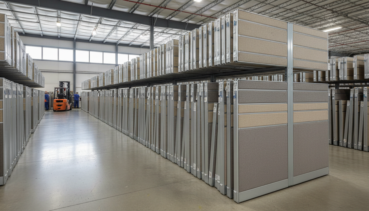 Wide-angle view of stacked cubicle panels in a clean furniture warehouse.