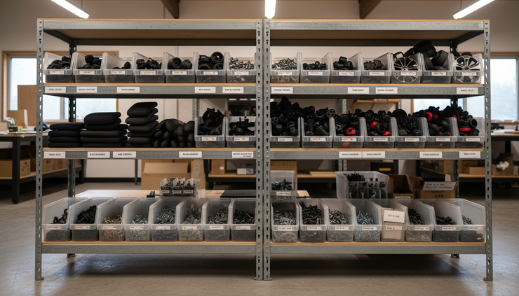 Eye-level view of labeled shelves holding chair casters and hardware in a workshop