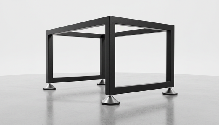 Low-angle view of a black metal furniture frame on a plain studio floor.