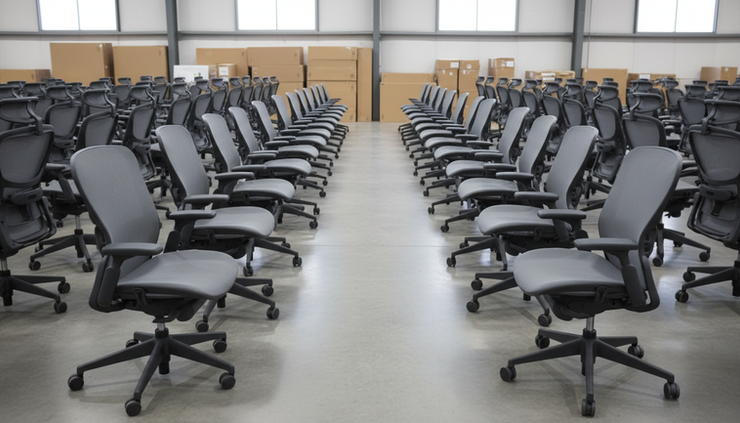 Wide-angle view of rows of gently used task chairs in a clean warehouse