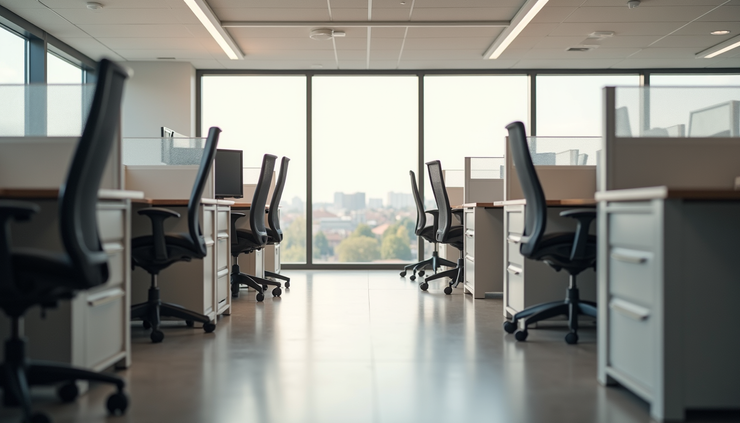 Eye-level view of a modern used office cubicle setup with neutral colors and ergonomic design