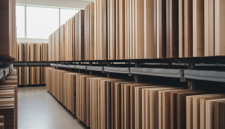 Wide-angle view of stacked wood furniture panels in a clean storage area