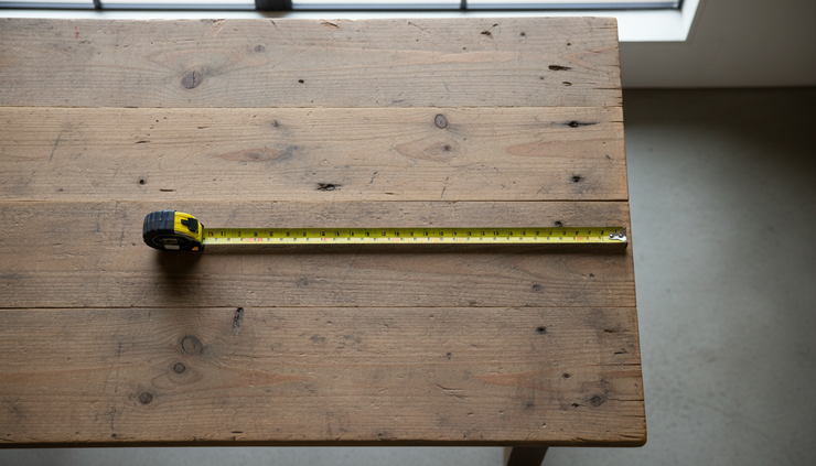 Overhead view of a tape measure beside a used wooden table surface