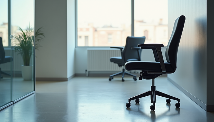 Eye-level view of a sleek black office visitor chair with cushioned seat and backrest