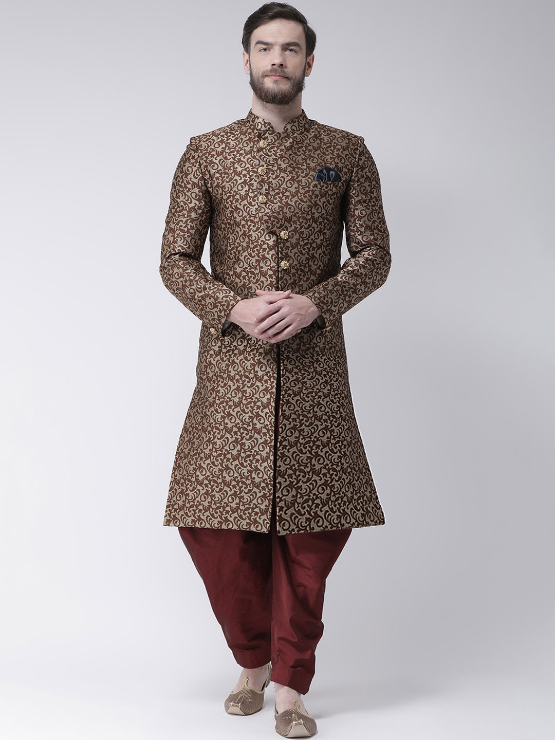 Men Brown & Maroon Sherwani With Dhoti Pants