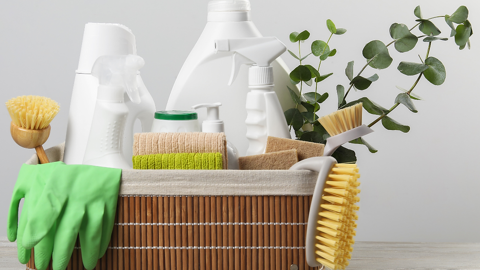 Cleaning supplies in a basket