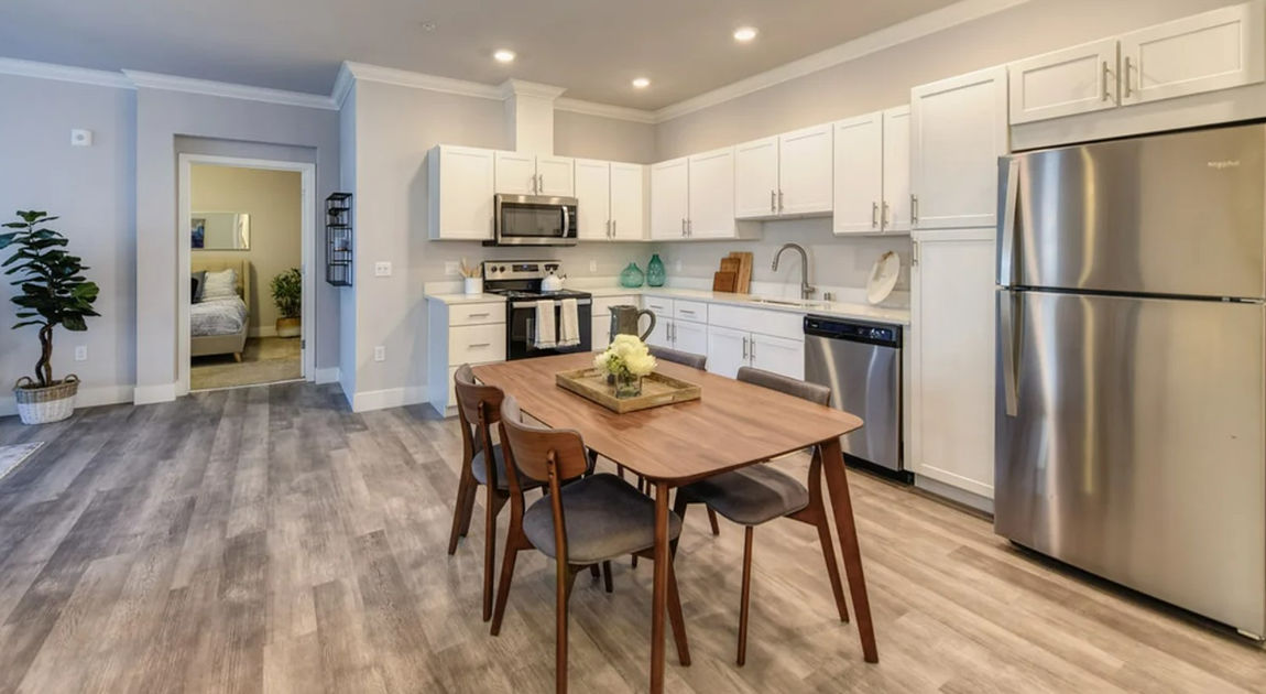 large kitchen with dining table